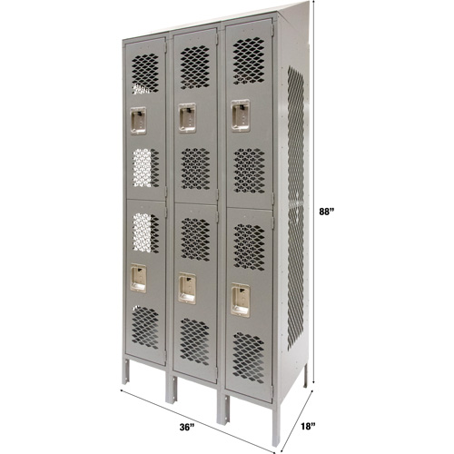Casiers ventil&eacute;s, 2 niveaux, Bloc de 3, 36" x 18" x 88", Acier, Gris, D&eacute;mont&eacute;, Perfor&eacute; Cintas