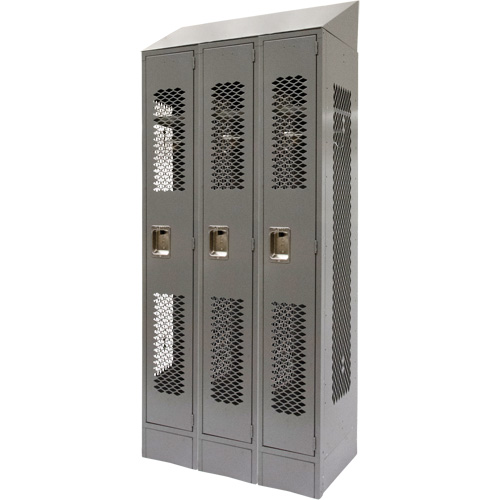 Vented Lockers, Bank of 3, 36" x 18" x 88", Steel, Grey, Knocked Down, Perforated Cintas