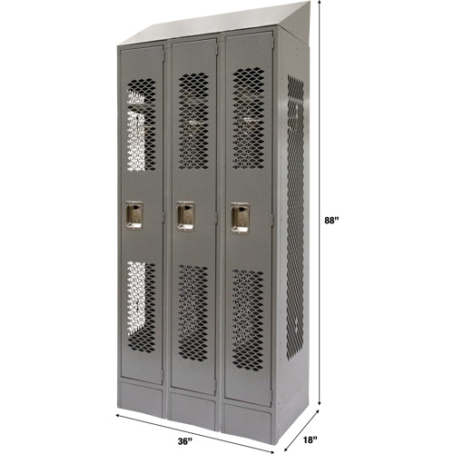 Vented Lockers, Bank of 3, 36" x 18" x 88", Steel, Grey, Knocked Down, Perforated Cintas