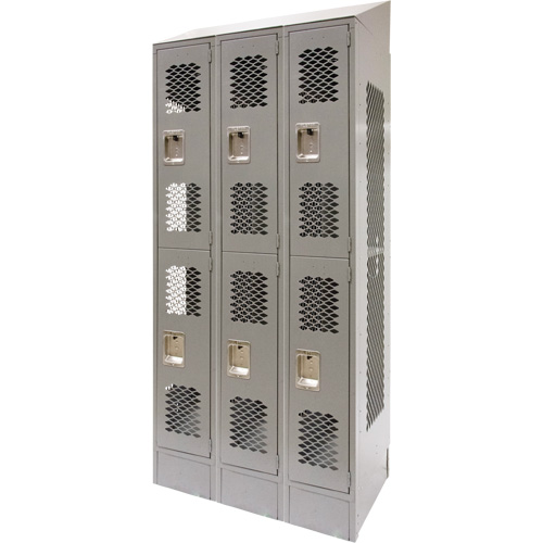 Vented Lockers, 2 -tier, Bank of 3, 36" x 18" x 88", Steel, Grey, Knocked Down, Perforated Cintas
