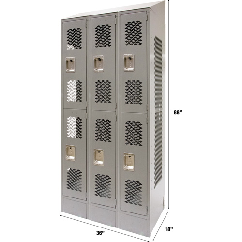 Vented Lockers, 2 -tier, Bank of 3, 36" x 18" x 88", Steel, Grey, Knocked Down, Perforated Cintas