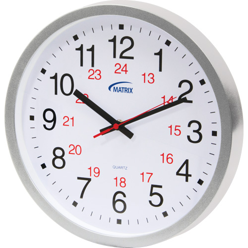 12/24 H Clock, Analog, Battery Operated, 12", Silver Cintas