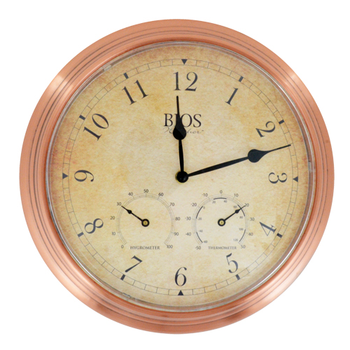 Horloge ext&eacute;rieure 3 en 1, Analogique, &agrave; piles, 14" dia., Brun Cintas