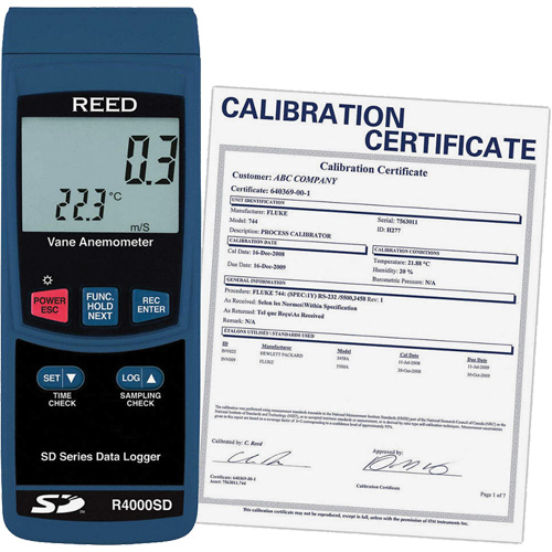 Thermo-an&eacute;mom&egrave;tre avec certificat de calibration, Enregistrement des donn&eacute;es, Gamme de v&eacute;locit&eacute; d'air de 0,4 - 30 m/sec Cintas