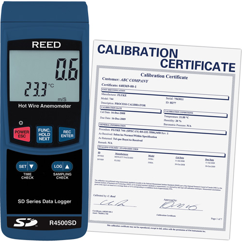 Thermo-an&eacute;mom&egrave;tres &agrave; fil chaud avec enregistrement de donn&eacute;es et certificat de calibration, Enregistrement des donn&eacute;es, Gamme de v&eacute;locit&eacute; d'air de 0,2 - 25 m/sec Cintas