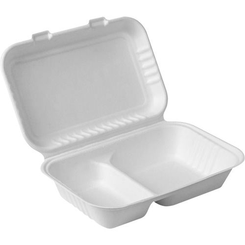 Contenants &agrave; charni&egrave;re pour nourriture compostable avec compartiments, Bagasse, Rectangulaire Cintas