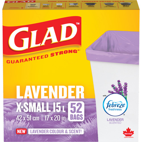 Glad&reg; Lavender Coloured & Scented Bags, Strong, 17" W x 20" L, Purple, 15 L (3.96 Gal.) Capacity Cintas