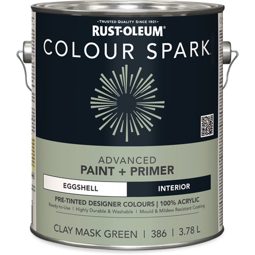 Peinture int&eacute;rieure pr&eacute;teint&eacute;e + appr&ecirc;t mural Colour Spark, Vert masque en argile, Satin&eacute;, 3,78 L, Gallon Cintas
