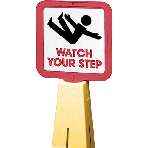 C&ocirc;nes de d&eacute;viation - &eacute;tiquettes de message  Watch Your Step , Adh&eacute;sif, Anglais avec pictogramme Cintas