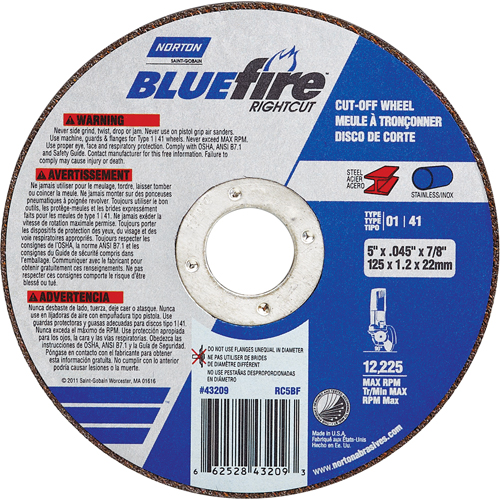 Meule a tronconner BlueFire, 4-1/2" x 0,045"/1/16", Arbre de 7/8", Type 01/41, Oxyde d'aluminium/Zirconium, 13580 Tr/min Cintas