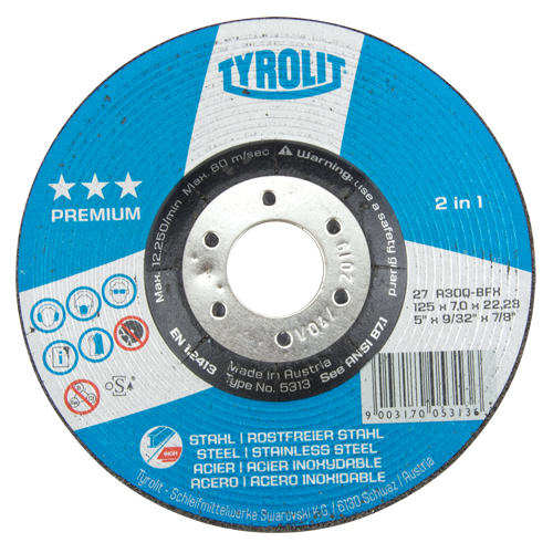 Premium 2-in-1 Grinding Wheel, 5" x 9/32", 7/8" Arbor, Type 27 Cintas