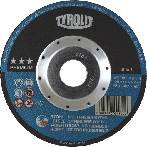 Premium 2 in 1 Thincut Cut-Off Wheel, 5" x 0.045", 7/8" Arbor, Type 27, Aluminum Oxide, 12250 RPM Cintas