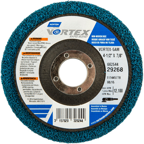 Meule non tiss&eacute;e Vortex, 4-1/2" dia. x 1/2" la, Arbre 7/8", Oxyde d'aluminium Cintas