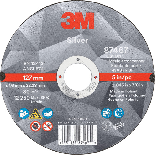Silver Cut-Off Wheel, 5" x 0.045", 7/8" Arbor, Type 1, Ceramic, 12250 RPM Cintas