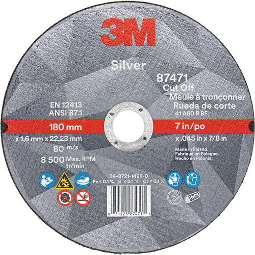 Silver Cut-Off Wheel, 7" x 0.045", 7/8" Arbor, Type 1, Ceramic, 8500 RPM Cintas