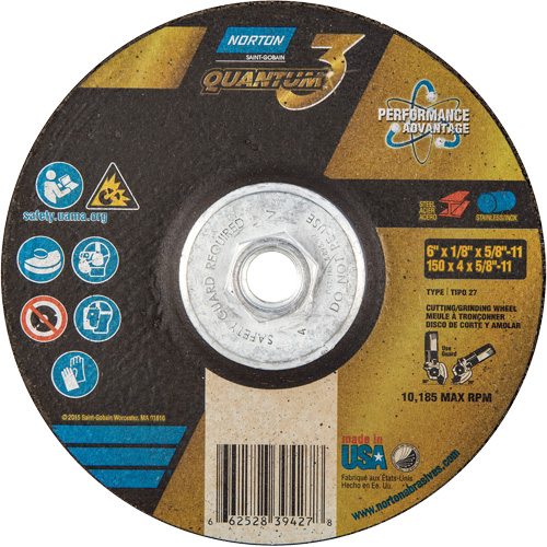 Disque de rectification et de tronçonnage Quantum3, 6" x 1/8", Arbre de 5/8"-11, Type 27, Grain de 24, C&eacute;ramique d'alumine Cintas