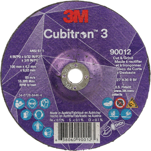 Cubitron 3 Cut and Grind Wheel, 4" x 5/32", 3/8" Arbor, Type 27, 36 Grit, Ceramic Cintas