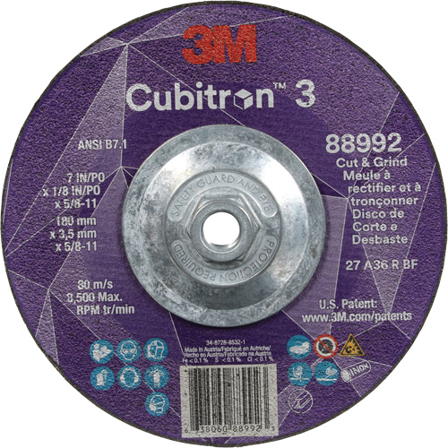 Cubitron 3 Cut and Grind Wheel, 7" x 1/8", 5/8"-11 Arbor, Type 27, 36 Grit, Ceramic Cintas