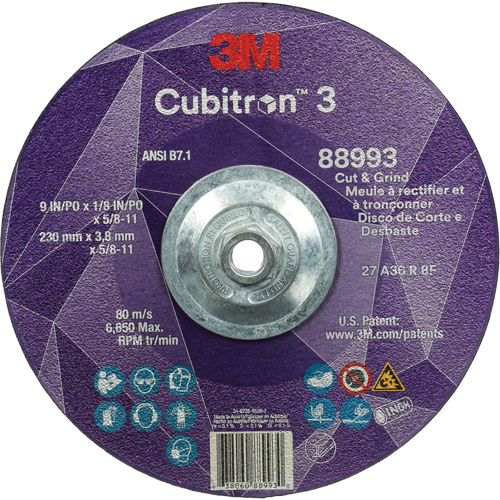 Cubitron 3 Cut and Grind Wheel, 9" x 1/8", 5/8"-11 Arbor, Type 27, 36 Grit, Ceramic Cintas