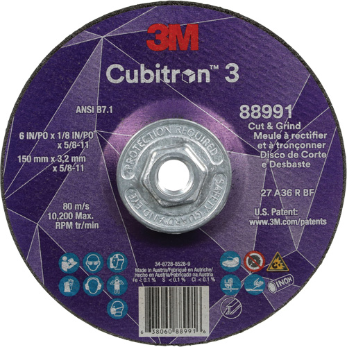 Meule &agrave; rectifier et &agrave; tronçonner Cubitron 3, 6" x 1/8", Arbre de 5/8"-11, Type 27, Grain de 36, C&eacute;ramique Cintas