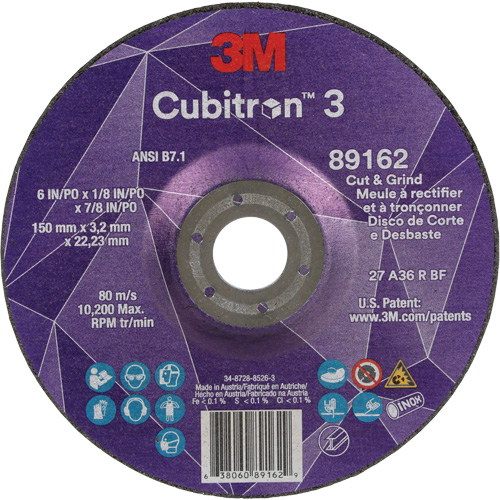Cubitron 3 Cut and Grind Wheel, 6" x 1/8", 7/8" Arbor, Type 27, 36 Grit, Ceramic Cintas