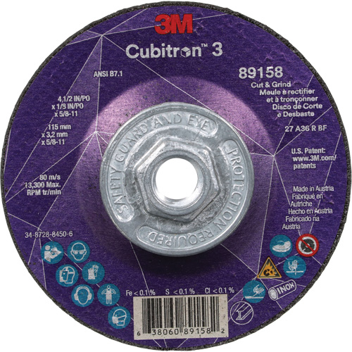 Cubitron 3 Cut and Grind Wheel, 4-1/2" x 1/8", 5/8"-11 Arbor, Type 27, 36 Grit, Ceramic Cintas