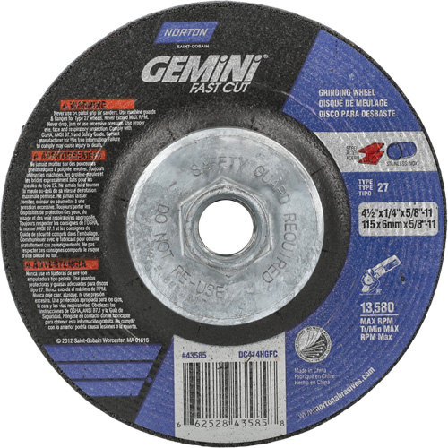 Meule Gemini, 4-1/2" x 1/4", Arbre 5/8"-11, Oxyde d'aluminium, Type 27 Cintas