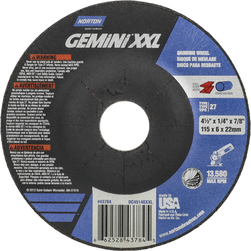 Meule XXL Gemini, 4-1/2" x 1/4", Arbre 7/8", Oxyde d'aluminium, Type 27 Cintas