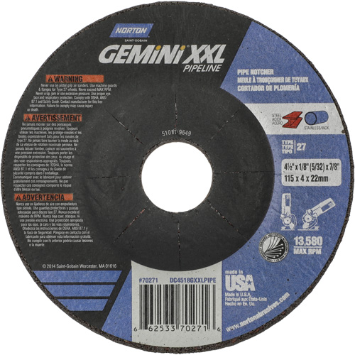 Disque combin&eacute; de meulage et tronçonnage Gemini XXL, 4-1/2" x 1/8", Arbre de 7/8", Type 27, Oxyde d'aluminium Cintas