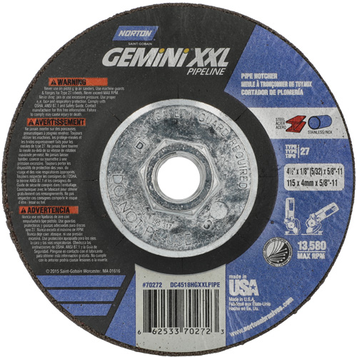 Disque combin&eacute; de meulage et tronçonnage Gemini XXL, 4-1/2" x 1/8", Arbre de 5/8"-11, Type 27, Oxyde d'aluminium Cintas