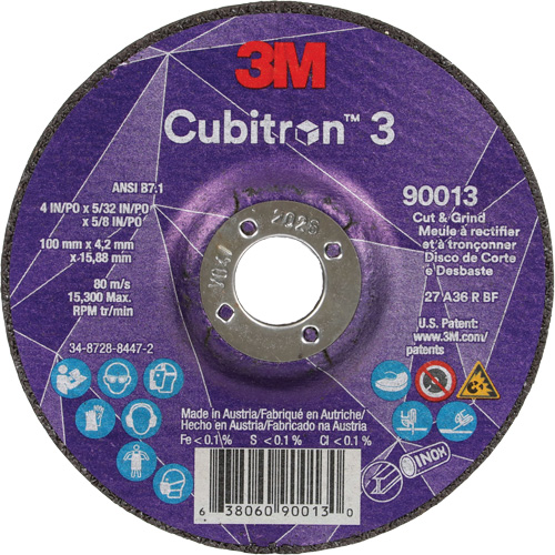 Cubitron 3 Cut & Grind Wheel, 4" x 39/250", 5/8" Arbor, Type 27, 36 Grit, Ceramic Cintas