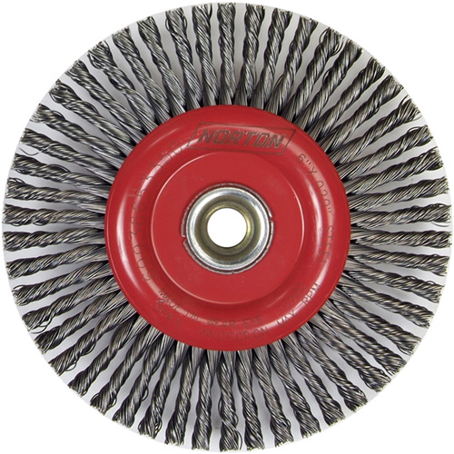 Brosse &agrave; fils nou&eacute;s pour cordons de soudure pour meuleuse angulaire, Dia. 6", Fils 0,02", Arbre 5/8"-11, Acier Cintas