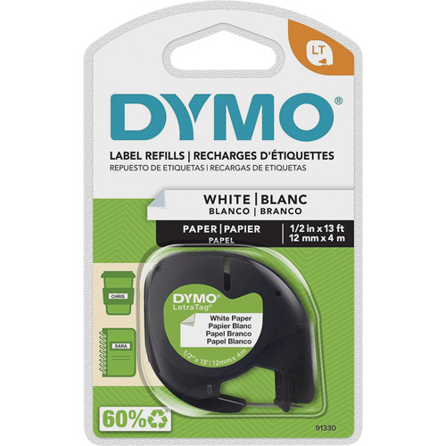 &eacute;tiquettes pour &eacute;tiqueteuse LetraTag Plus LT-100H, 12 mm x 13', Noir sur blanc Cintas