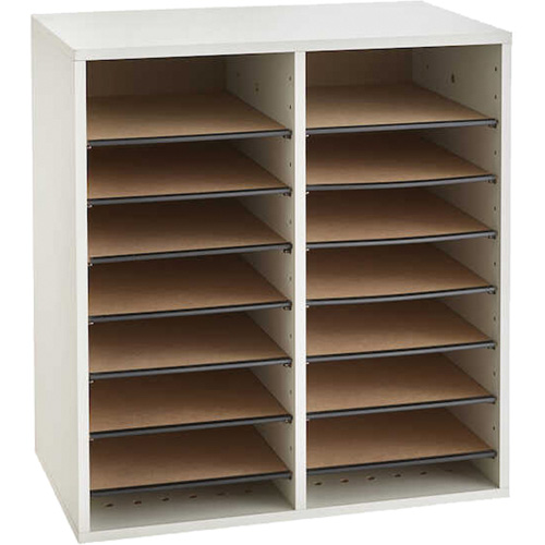 Adjustable Compartment Literature Organizer, Stationary, 16 Slots, Wood, 19-1/2" W x 11-3/4" D x 21" H Cintas