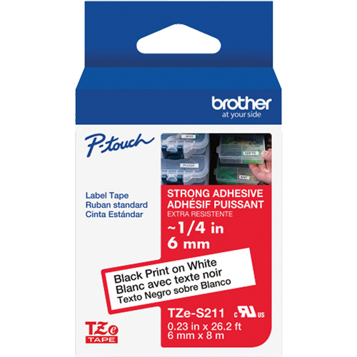 Extra-Strength Laminated Tape for P-Touch Label Makers, 6 mm x 8 m, Black on White Cintas