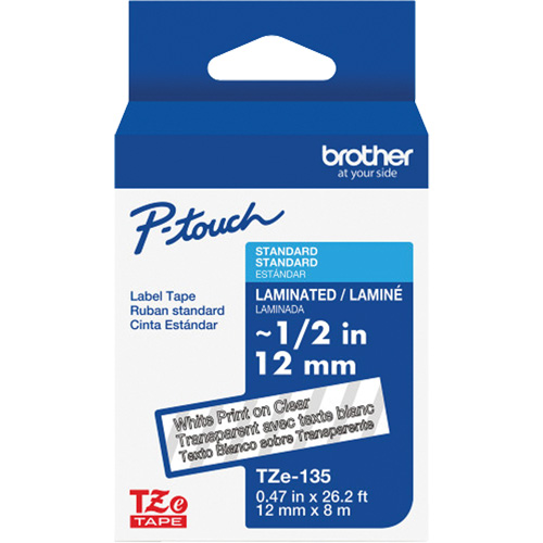 Ruban lamin&eacute; pour P-Touch, 12 mm x 8 m, Blanc sur transparent Cintas