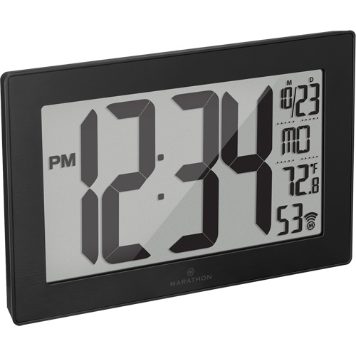 Horloge murale &agrave; r&eacute;glage et ajustement automatiques avec support, Num&eacute;rique, &agrave; piles, Noir Cintas