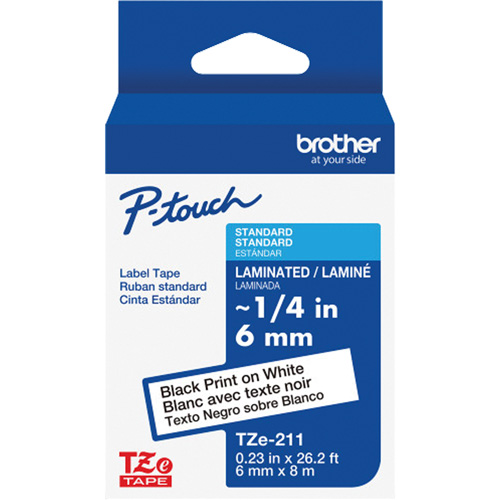 Ruban lamin&eacute; TZe-211 pour &eacute;tiqueteuses P-Touch compatibles avec les rubans TZe, Noir sur blanc, Largeur de 0,23" Cintas