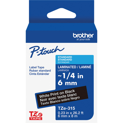 Ruban lamin&eacute; TZe-315 pour &eacute;tiqueteuses P-Touch compatibles avec les rubans TZe, Blanc sur noir, Largeur de 0,23" Cintas