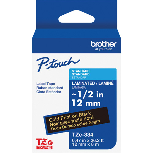 Ruban lamin&eacute; TZe-334 pour &eacute;tiqueteuses P-Touch compatibles avec les rubans TZe, Noir sur or, Largeur de 0,47" Cintas