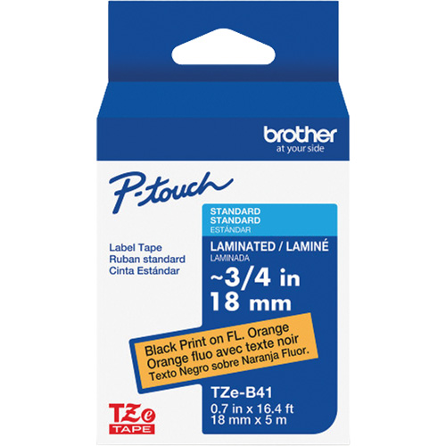 Ruban lamin&eacute; TZe-B41 pour &eacute;tiqueteuses P-Touch compatibles avec les rubans TZe, Noir sur orange fluorescent, Largeur de 0,7" Cintas