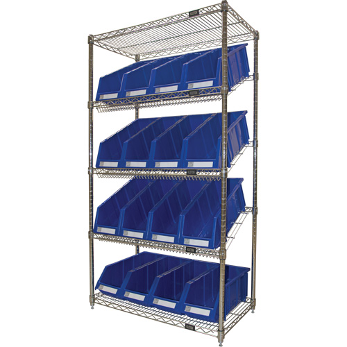 Slanted Wire Shelf with Bins, 5 Tiers, 36" W x 63" H x 18" D Cintas