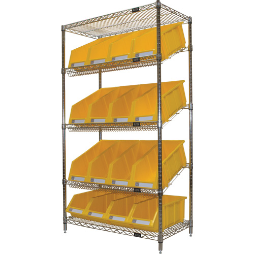 &eacute;tag&egrave;re en treillis m&eacute;tallique &agrave; tablettes inclin&eacute;es avec bacs, Tiers 5, 36" la x 63" h x 18" p Cintas