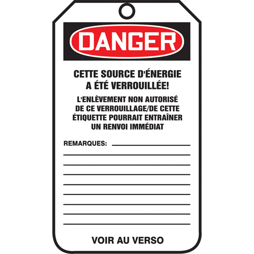 &eacute;tiquettes de verrouillage, Plastique, 3-3/8" la x 5-7/8" h, Français Cintas