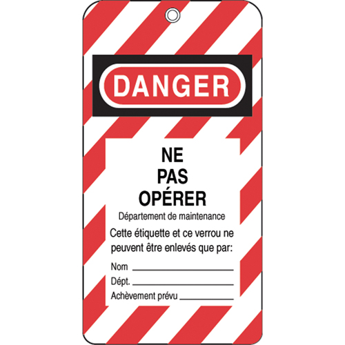 &eacute;tiquettes de verrouillage, Plastique, 3" la x 5-3/4" h, Français Cintas