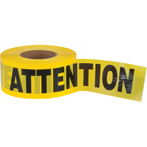 "Attention" Barricade Tape, Bilingual, 3" W x 1000' L, 2.5 mils, Black on Yellow Cintas