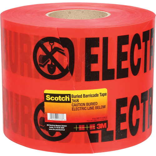 Ruban pour barri&egrave;res pour services publics souterrains Scotch, Anglais, 6" la x 1000' lo, 4 mils, Noir/rouge Cintas