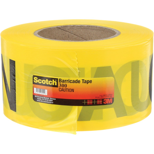 Ruban pour barri&egrave;res pour services publics souterrains Scotch, Anglais, 3" la x 1000' lo, 2 mils, Noir sur jaune Cintas
