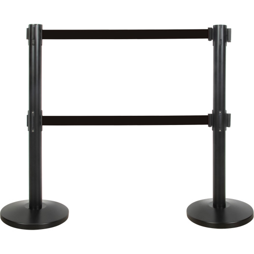 Barri&egrave;re pour le contr&ocirc;le des foules &agrave; courroie double, Acier, 35" h, Ruban Noir, Longueur du ruban 7' Cintas