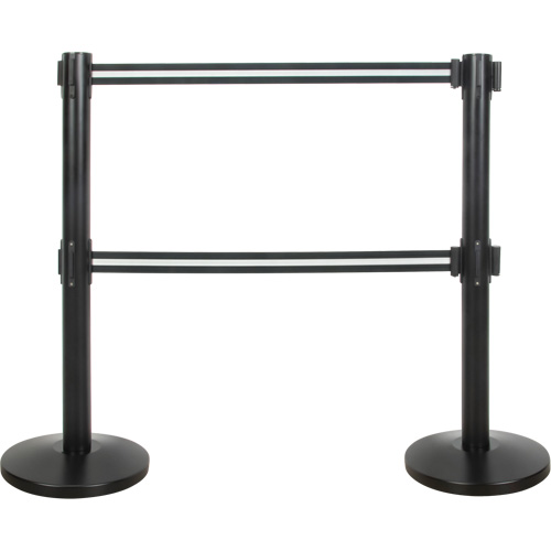 Dual Belt Crowd Control Barrier, Steel, 35" H, Black/White Tape, 7' Tape Length Cintas